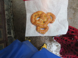 No photos of Katrine without her China sister but here is a Mickey pretzel they enjoyed while chilly.