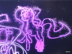 Katrine drew this in the glow in the dark section and then a lady came to clean the board making the cool crystalline effect.