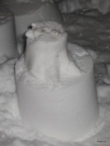 She has branched out into snow dinosaur feet from snow castles.