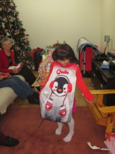 After her stocking was done, the penguin portion of Christmas began with a penguin nightdress, ...